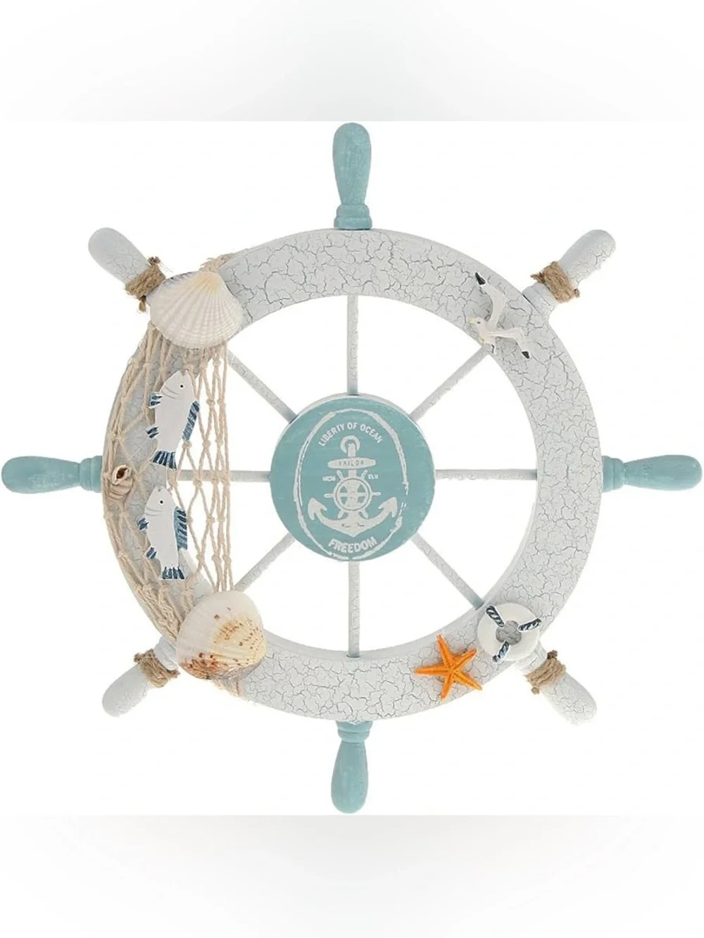 Nautical Ship Wheel Wall Decor in White and Light Blue